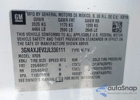 2018 Chevrolet Equinox Lt z USA, uszkodzony, nr VIN 3GNAXJEV2JL336111